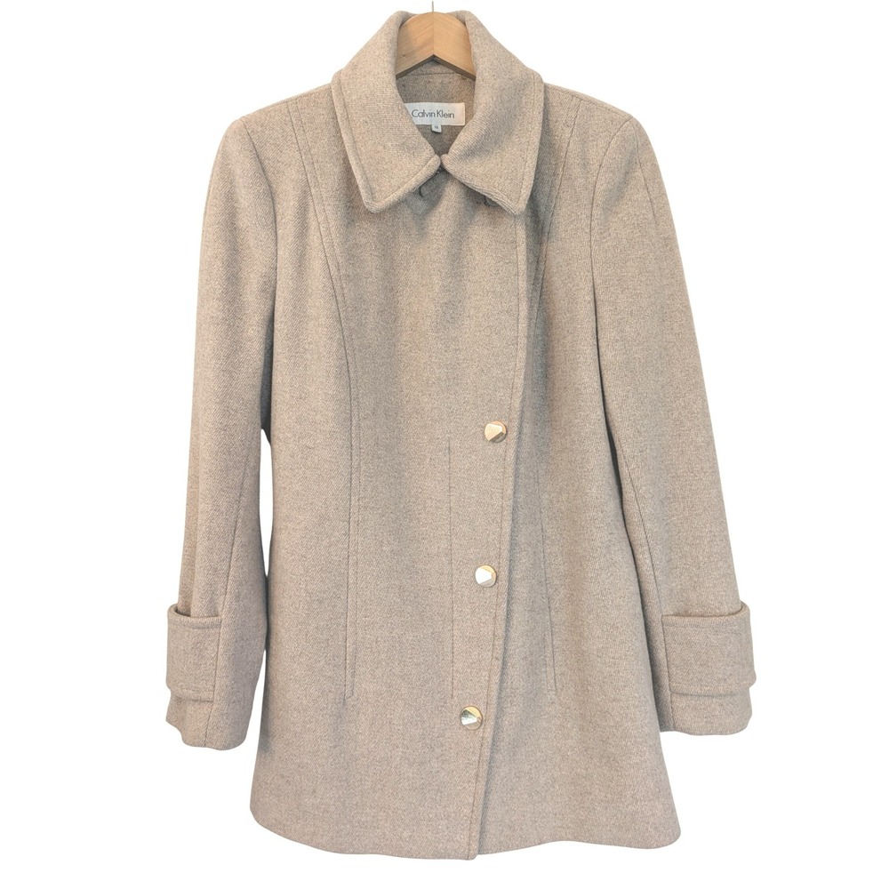 Calvin Klein Womens Wool Blend Zip Front Coat Oatmeal Beige Size 10 Gold Trim
